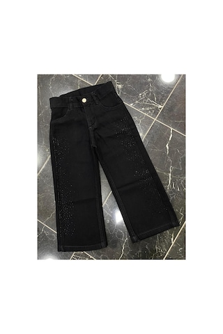 Erdem Kıds Kız Çocuk Jean Pantolon Palazzo Geniş Bol Paça Taş Detaylı Kot Pantolon Siyah Siyah