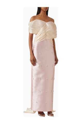 Ac By Aanchal Chanda Crystal - Embellished Off - Shoulder Dekolteli Uzun Kadın Elbise Pembe