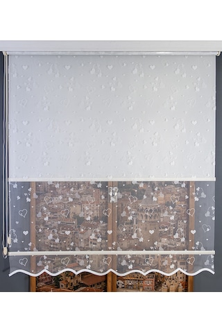 Kalp Desenli Çift Mekanizmalı Tül Stor Perde Beyaz