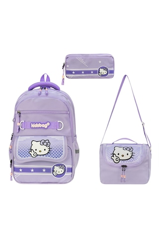 Hello Kitty Baskılı Ortopedik Su Geçirmez Ultra Lüx Okul Çantası Termal Beslenme Ve Kalemlik Mor