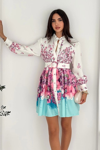 Asprin Fashion Desenli Düğme Detaylı Kemerli Keten Elbise Renkli