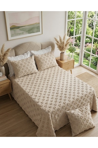 Ponpon Desenli 3 Parça Çift Kişilik Yatak Örtüsü Bej