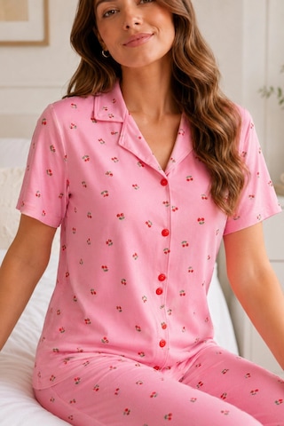 Northcity Pembe Kiraz Desenli Kısa Kollu Gömlek Yaka Milan Kumaş Kadın Pijama Takımı