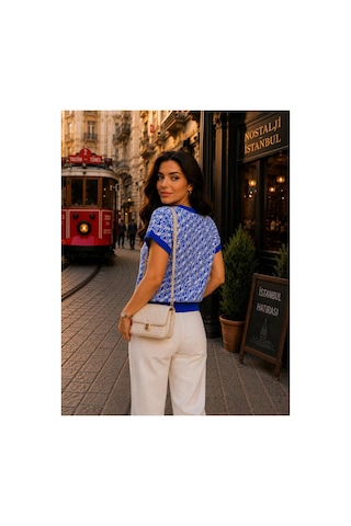 Hira Life Fashion Sfg Life Moda Kadın V Yaka Kare Desenli Şık Süveter Mavi Mavi