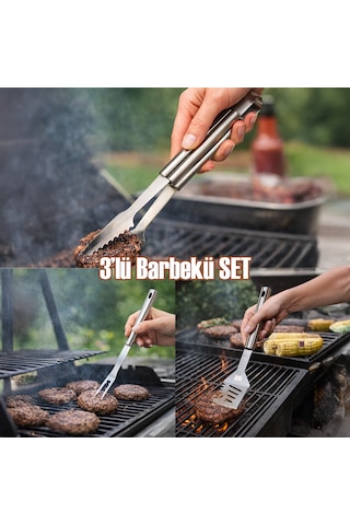 Porsima Kj-1007 3 Parça Paslanmaz Çelik Maşa-spatula-çatal Barbekü Seti