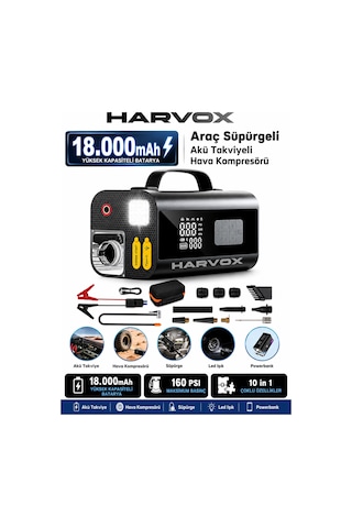 Harvox Süpürgeli Jump Starter Akü Takviye Cihazı 18.000mah 10 İn 1 Powerbank, Hava Kompresörü, Lcd Ekran, Harvox Süpürgeli Jump Starter Akü Takviye Cihazı 18.000mah 10 İn 1 Powerbank, Hava Kompresörü, Lcd Ekran,