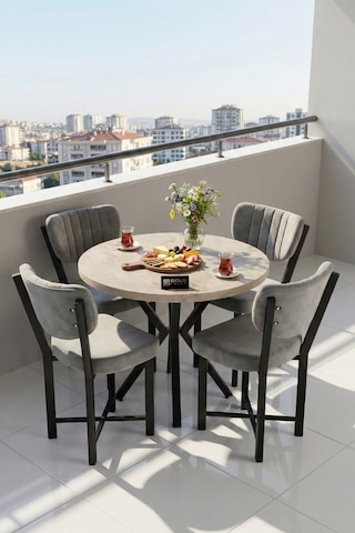 Mutfak Masası 90 Çap 4 Sandalyeli Traverten Görünümlü Balkon Bahçe Cafe Masa Seti Elma Gri