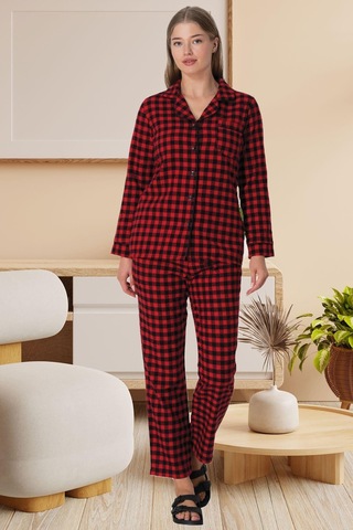 Lohusa Sepeti Lohusasepeti Ekose Desen Önden Düğmeli Lohusa Pijama Takımı Turuncu - 5928 001