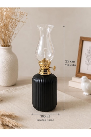 Dekoratif Gaz Lambası Kandil 300 Ml Seramik Hazneli 25cm Vintage Tasarım Siyah