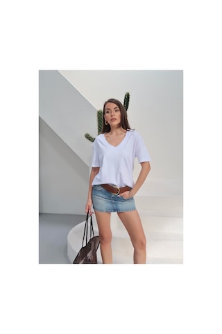 Paw Garage Kadın Massi İnterlok Kumaş V Yaka Oversize T-shirt Beyaz