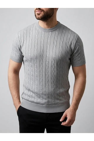 Erkek Yazlık Triko Dokuma Tişört Kısa Kol Bisiklet Yaka Örgü Desenli T-shirt - Gri Çok Renkli
