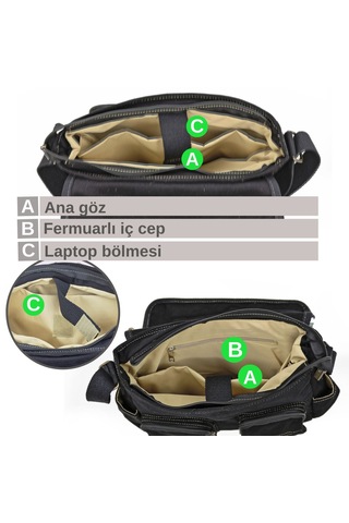 Cappadocia Vintage 4017 Siyah 14" Laptop Pamuk Gabardin Postacı Okul Çantası Unisex Kilitli Çok Cepli Omuz Askılı Siyah