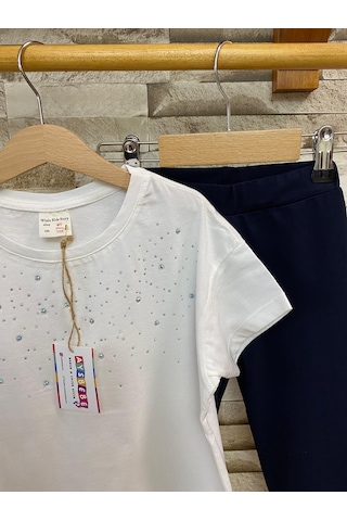 Aysbebe Tişört + Kapri Tayt Kız Çocuklar İçin Yazlık Takım Krem 1411-1544