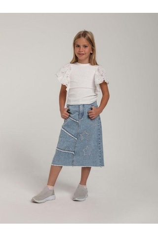 Kız Çocuk Pamuklu Kolsuz Kolları Güpür Bedeni Taşlı Bluz-15601 Beyaz