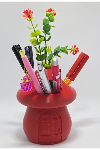 Kalemlik Kırmızı Sima Mantar Çiçekli Üç Gözlü Kalemlik Düzenleyici Kırmızı