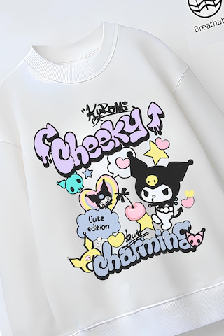 Tam Kalıp Oversize Kız Çocuk Pamuğa Pamuk 3 İplik Kumaş Karakter Tasarım Sweatshirt Beyaz