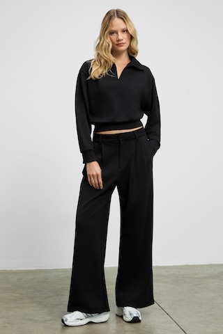 Grımelange Regno Kadın Gömlek Yaka Kol Ve Etek Ucu Manşetli Uzun Kollu Oversize Siyah Sweatshirt Siyah
