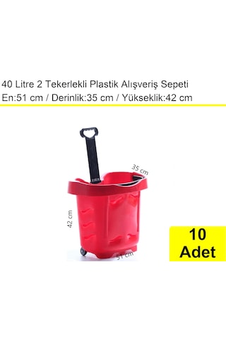 2 Tekerlek Plastik Alışveriş El Sepeti 40 Litre Kırmızı 10 Adet / En:51 Boy:35 Yükseklik:42 Cm