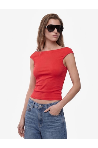 Koton Pamuklu Ribanalı Slim Fit Omzu Açık Madonna Yaka Tişört Kırmızı 6sak50503ek