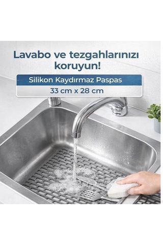 Lexroo Silikon Kaydırmaz Lavabo Paspası, Gri, 33x28 Cm, Delikli Tasarım
