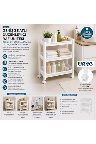 Lunaev Rafty Geniş 3 Katlı Tekerlekli Sepet Organizer Düzenleyici Raf Ünitesi 352x220x480 Mm 100