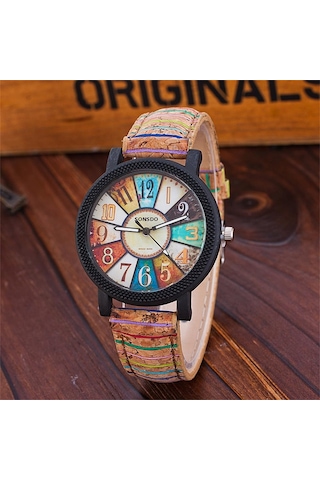 Vintage Çizgili Deri Saat Çiçek Desenli Ahşap Desenli Kadın Kuvars Saat Toptan Satış Diğer