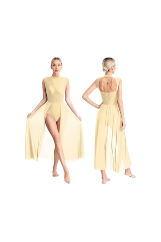 Şampanya Kadın Çağdaş Lirik Dans Elbise Bale Jimnastik Leotard Kolsuz Şifon Dökümlü Elbise Sahne Performansı Giyim Bej