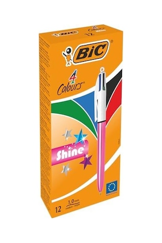 4 Colours Shine Pembe Gövde Tükenmez Kalem 12&apos Li Kutu, 4 Renk Mavi, Siyah,yeşil Ve Kırmızı , 1.0 Mm. Uç -