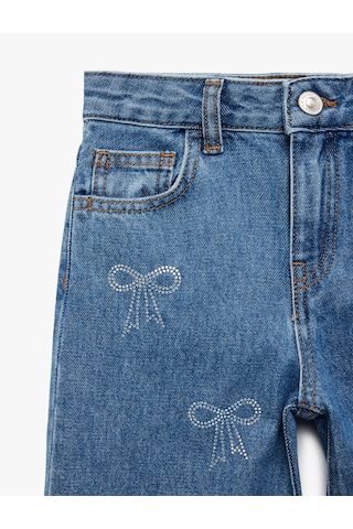 Koton Pamuklu Fiyonk Baskılı Taş Detaylı Denim Pantolon Koyu İndigo 6skg40019ad Koyu Indigo