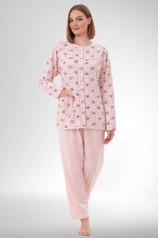 Mecit Pijama Mecit 6315 Pudra Kadın Boydan Düğmeli Büyük Beden Pijama Takımı Pudra