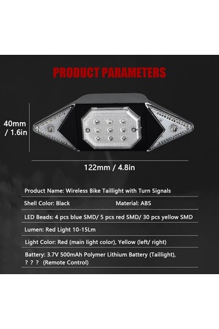 Xindoker Sürekli Şarjlı Bisiklet Arka Lambası: Kablosuz Kumanda, Yön Belirti, Su Geçirmez, Dağ Bisikleti İçin Siyah Led Lambası Siyah