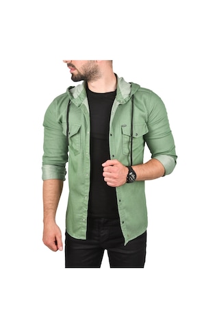 Deepsea Erkek Yeşil Kapüşonlu Slim Fit Dar Kesim Gömlek Likralı Pamuklu Likralı Kot Gömlek 2300396 Yeşil
