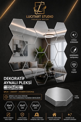 Lucitart 10 Adet Aynalı Pleksi Gümüş Petek Duvar Dekoru Kendinden Yapışkanlı Dekoratif Altıgen Ayna 10x11 - 15x17 - 20x23 Cm