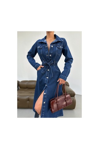 Kene Jeans Kadın Uzun Kol Düğmeli Kot Elbise Lacivert