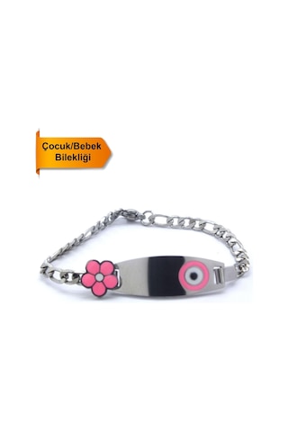 Bebek Bileklik Çelik Pembe Nazar Boncuklu Modelblk-959 Gümüş