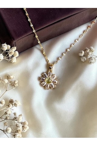 Zirkon Ve Peridot Taşlı Papatya Figürlü İtalyan Aynalı Zincirli Altın Kaplama Kolye Beyaz