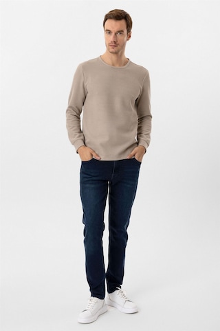 Süvari Bej Slim Fit Armürlü Bisiklet Yaka Triko Kazak Bej