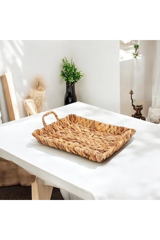 El Yapımı Su Sümbülü Hasır Kulplu Dekoratif Tepsi Küçük Boy 29cm 23cm 4cm 15cm