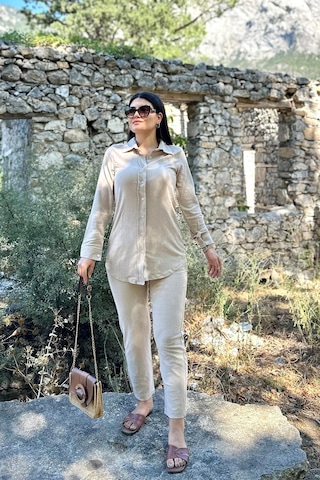 Taş Renk Cep Detaylı Gömlekli Alt Üst Takım Taş