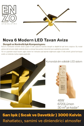 Nova 6 Gold Led Tavan Avize Kumandalı Dim Edilebilir Aşağı Işık Sarı Işık