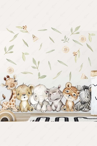 Sevimli Safari Hayvanları Ve Yeşil Yapraklar Çocuk Bebek Odası Cam Duvar Sticker Seti