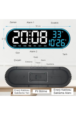 Usb İle Çalışan Led Duvar Saati Büyük Ekran, Geri Sayım, Alarm, Kumandalı, Sıcaklık,tarih Gösterimi Siyah