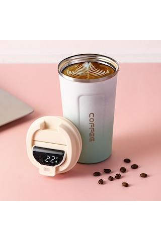 Jeemson 510ml Akıllı Sıcaklık Gösteren Paslanmaz Çelik Vakumlu Termos Bardak, 12 Saat Isı/sıcaklık Saklama, Dışarıdaki/sürücü Kullanıma Uygun, Damlacık Önlü Mavi Gradyan Beyaz