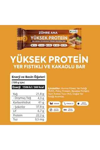 Yer Fıstıklı Ve Kakaolu Yüksek Proteinli Bar, Şeker İlavesiz 40 Gr X 12 Adet