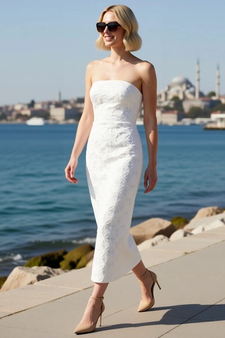 Benerly Kadın Straplez Kolsuz Çiçekli Payet Dokuma Maxi Elbise Bodycon Ke Beyaz