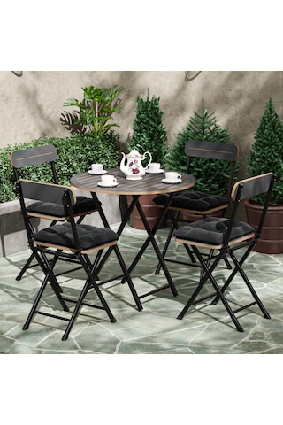 4 Kişilik Minderli Yuvarlak Bistro Takım Bahçe Mutfak Masa Sandal Füme