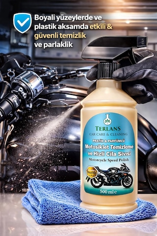 Terlans Motosiklet Temizleyici Parlatıcı Hızlı Cila Boyalı Alan & Plastik Aksam Parfümlü 500 Ml Sprey + Mikrofiber Bez