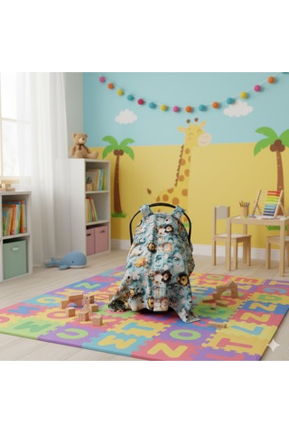 Sevimli Hayvan Desenli 3D Dijital Baskı Pamuk Müslin Kumaş Puset Örtüsü Mavi