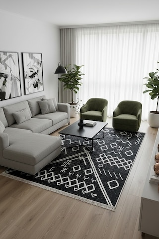 Siyah Geometrik Desen Çift Taraflı Makinede Yıkanabilir Ev İçi & Dış Mekan Uyumlu Günlük Kullanıma Uygun Kilim Renkli