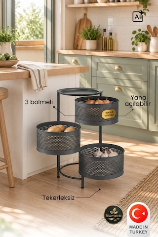 River World Tekerleksiz Rengi Antrasit Açılabilen 3 Katlı Çok Amaçlı Metal Raf Mutfak, Balkon, Kiler Çok Renkli